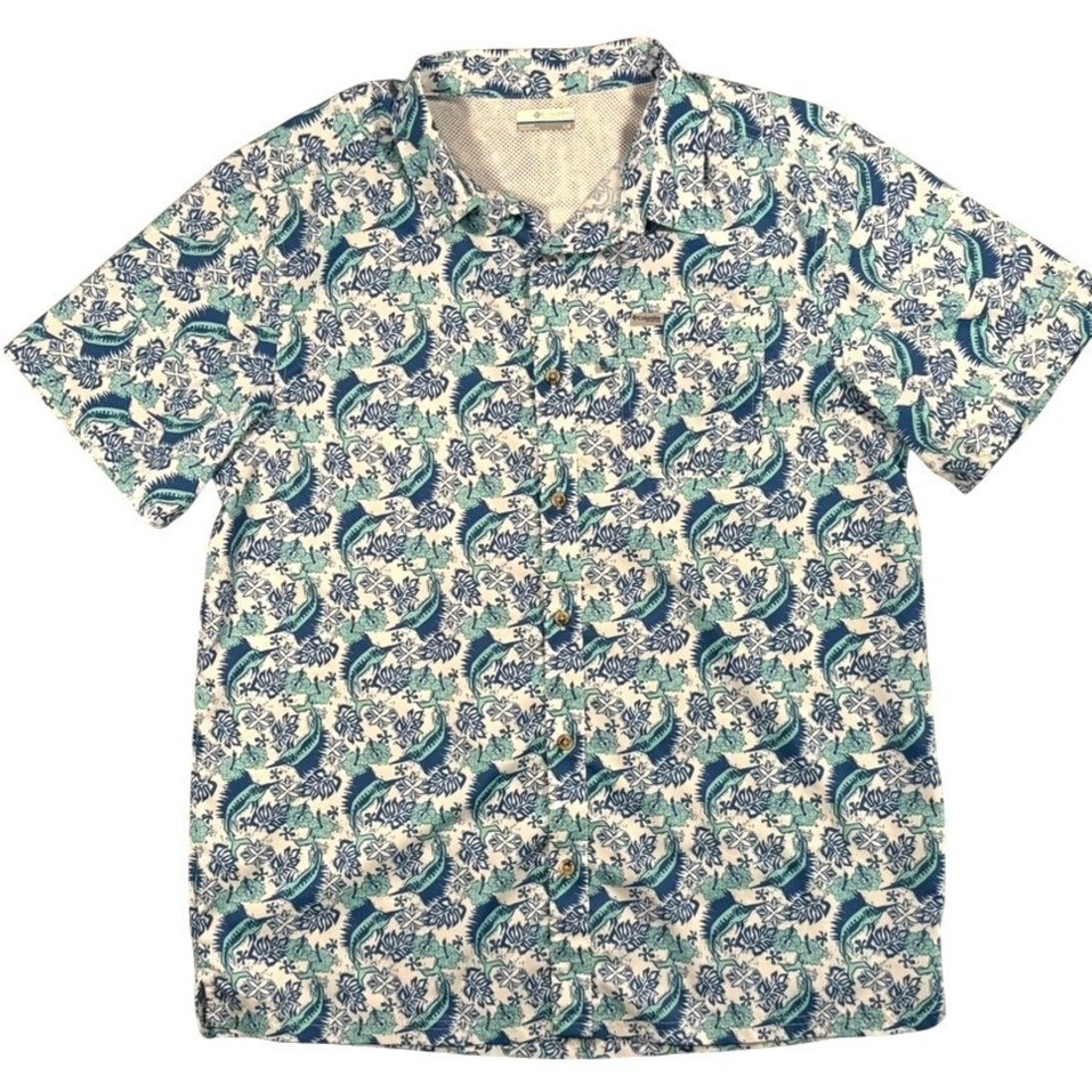 Columbia PFG Mens Large‎ Blue Marlin Hibiscus Print Omni-Shade Fishing Shirt
